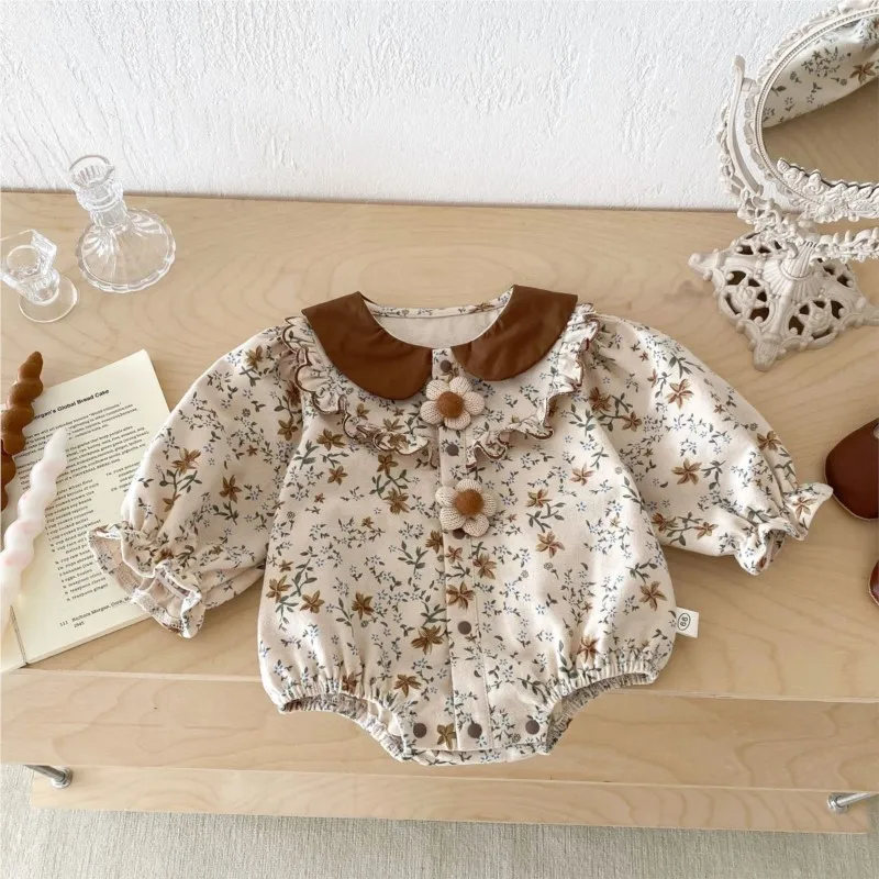 

Newborn Baby Girl Cotton Floral Ruffle Romper Infant Toddler Long Sleeve 3D Flowers Decor Jumpsuit Autumn Spring Clothes 3M-18M