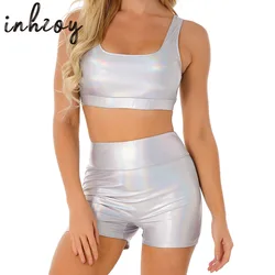 Women Sexy Metallic Shiny Bikini Outfits Pole Dance Rave Costume Tank Crop Tops &Boy Shorts Set Hollow Out Night Club Clubwear