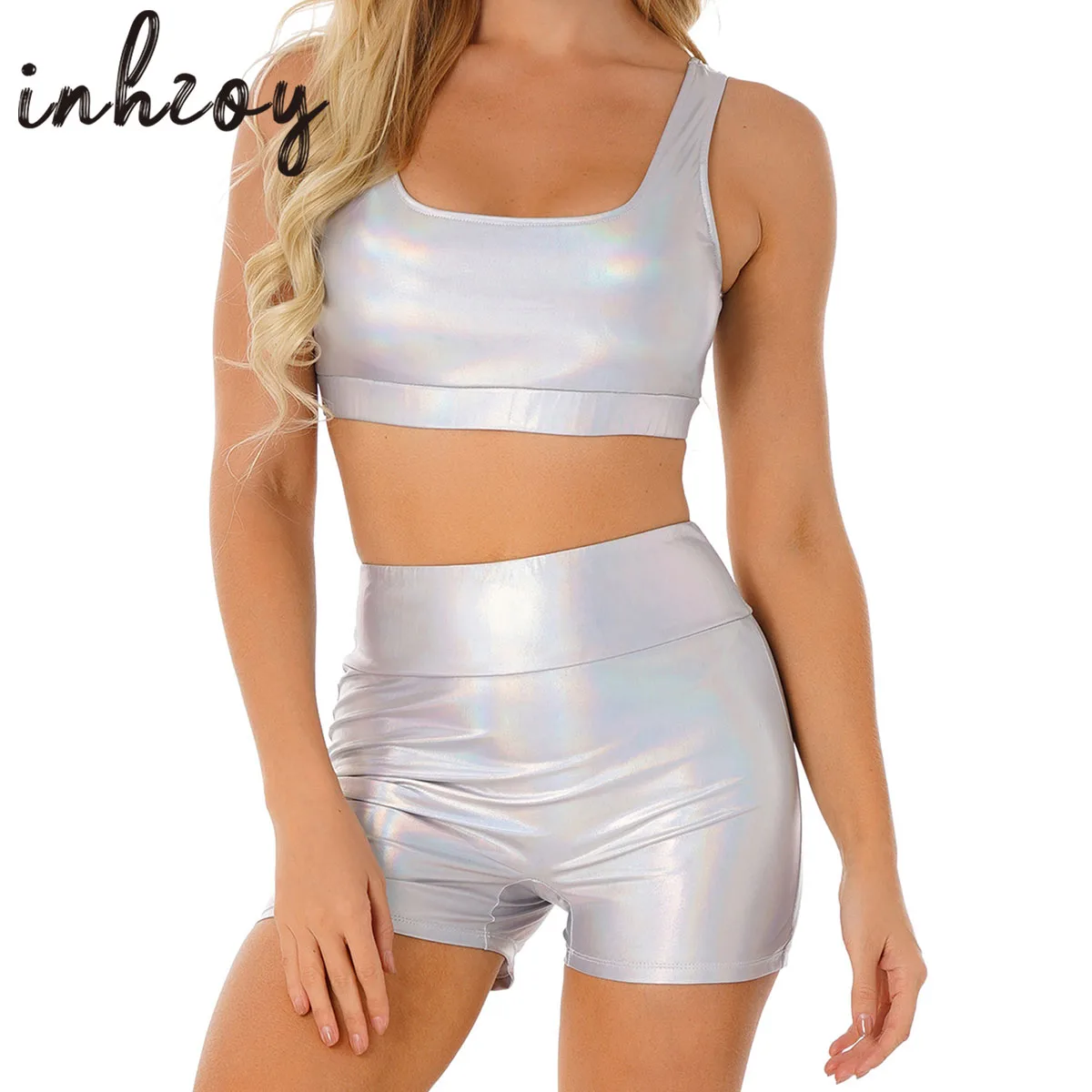 Women Sexy Metallic Shiny Bikini Outfits Pole Dance Rave Costume Tank Crop Tops &Boy Shorts Set  Hollow Out Night Club Clubwear