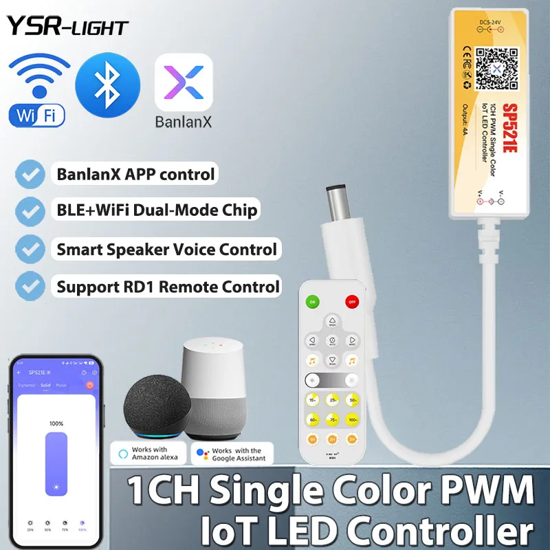 

WiFi+BLE 1CH Single Color IoT LED Controller SP521E DC5-24V Smooth Dimming Music Effect RF Remote Voice Control for Alexa Google