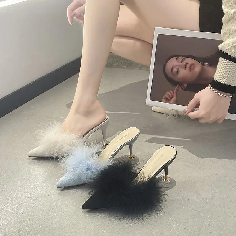 Sandals Rubber Shoes for Women 2024 Heeled Slides Off White Mules Woman Slippers Fluffy Summer Fuzzy Furry Luxury Footwear F Vip