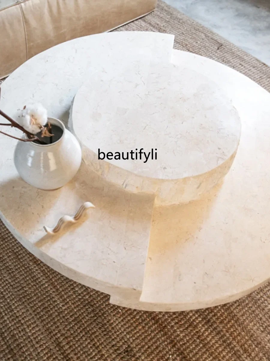 Nordic creative travertine natural marble coffee table living room home model room art round coffee table