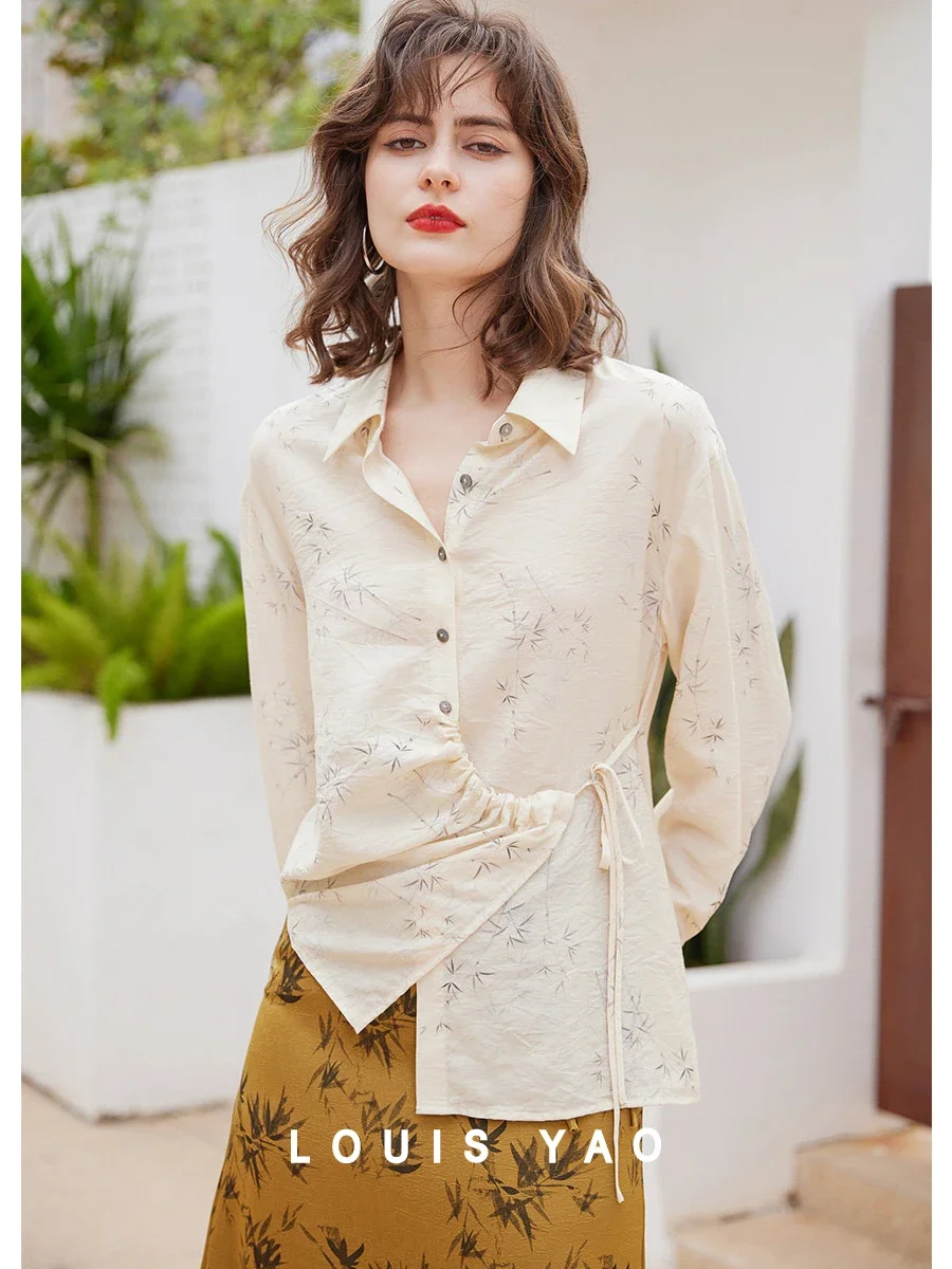 

LOUIS YAO Women Shirt 2024 Spring Chinese Style Irregular Turn Down Collar Long Sleeve Print Loose Shirt Top