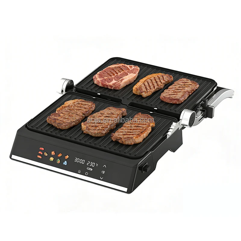 1800W Electric Grill Stainless Steel Smokeless One-Click Preset Functions Digital Display Lock Device Floating Hinge Auto