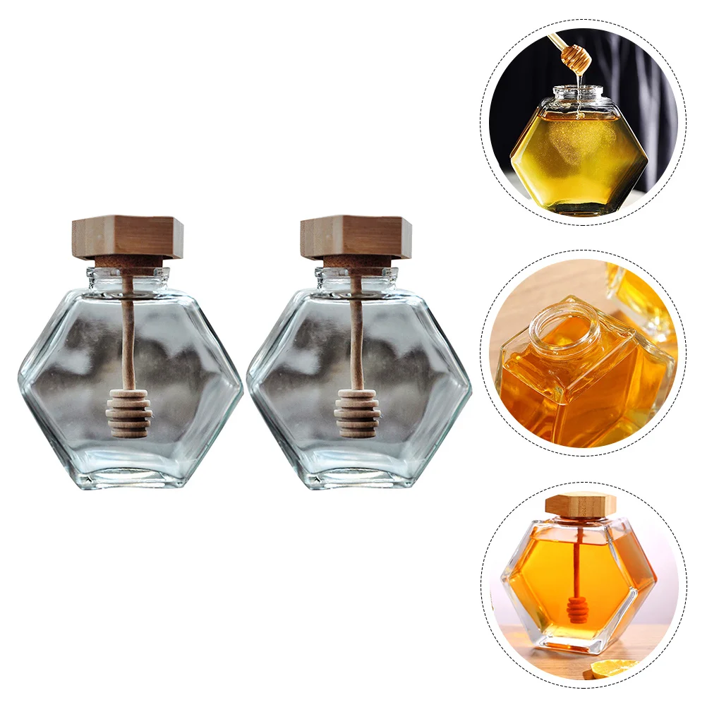 

2Pcs Transparent Honey Jar Glass Container Hexagon Sealed Lid Wooden Honey Pot Spiral Storage Bottle