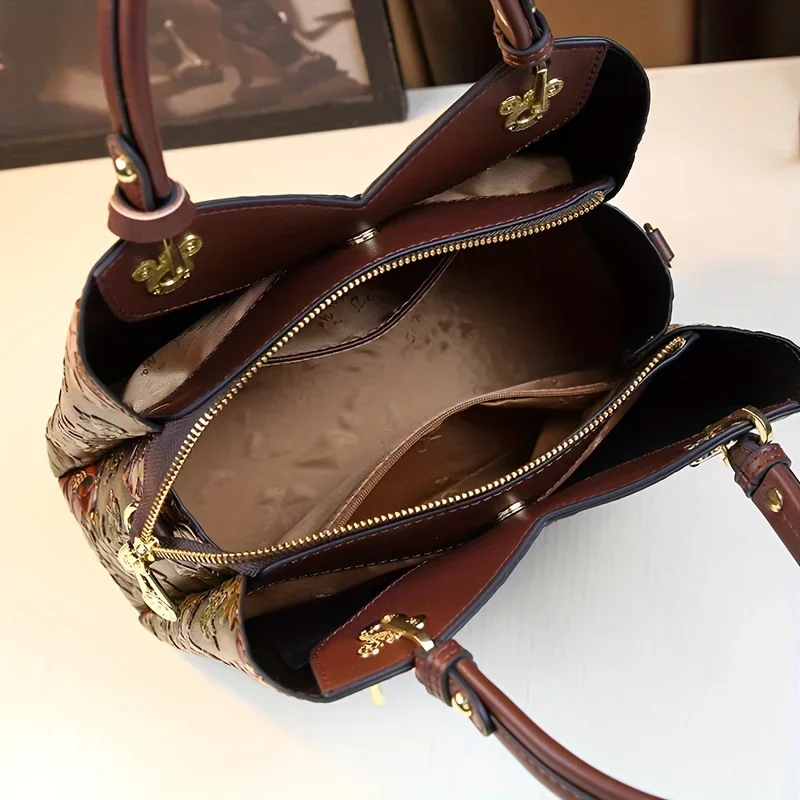 New Vintage Flower Pattern Handbag, Luxury PU Leather Tote Bag, Fashion Crossbody Bag For Women