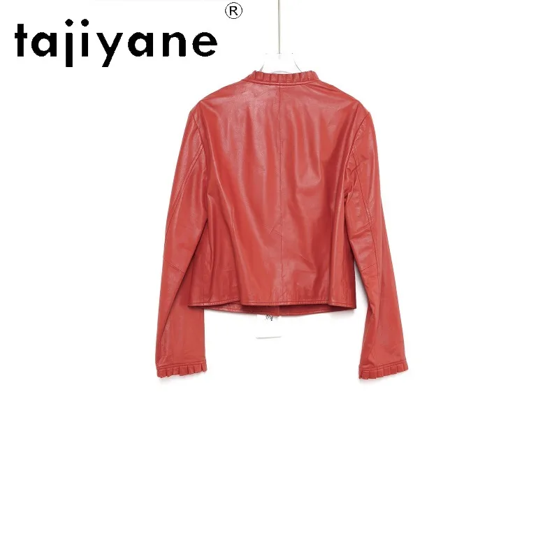 TAJIYANE Thin Sheepskin Genuine Leather Jacket Woman Slim Fit Outerwear Orange Leather Coat Ruffle Biker Jackets for Woman 가죽자켓
