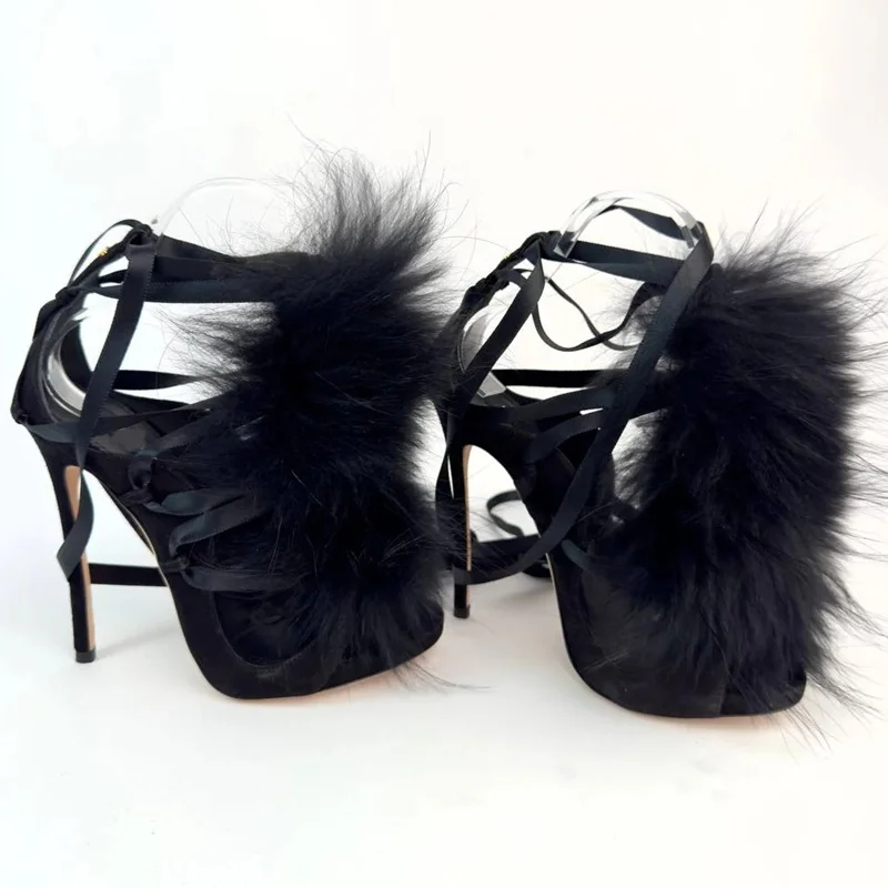 الفراء الدانتيل يصل اللمحة تو الجوف خارج Sandas مثير جولة تو كعب رقيقة قبول مخصص الوافدين الجدد أزياء النساء المدرج الأحذية