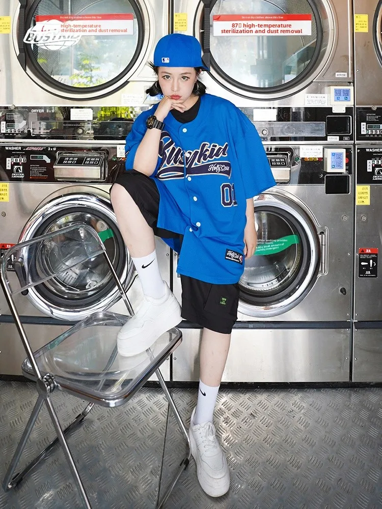 

Busykid American Sle Baseball ort Sve irt Street Dance Hip Hop Embroidery Open Cardigan Loose Fit Summer T-irt