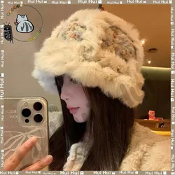 2024 New Real Rabbit Fur Cloud Knitted Lion Dance Hat Women Winter Warm Fluffy All-Match Basin Hat Face-Slimming Christmas Gift