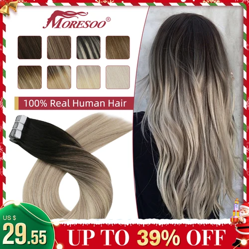 Moresoo-Cinta en extensiones de cabello humano, 100% cabello Real Remy, cabello brasileño, 14-24 pulgadas, adhesivos naturales rectos, cinta en extensiones extensiones de cabello humano extensiones de cabello natural