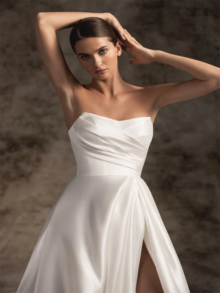 Customized Asymmetric Sweetheart Strapless Corset Satin A-Line Wedding Dress Zipper Back Cathedral-Length Train Gown For Bride