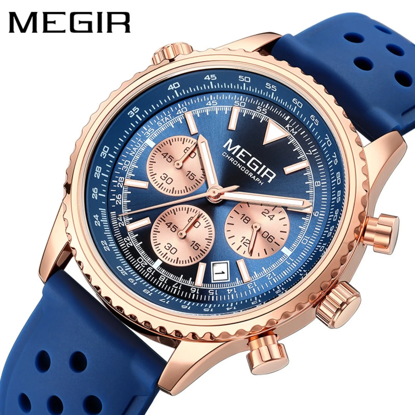 MEGIR Silver Black Quartz Watch Men Military Sport Chronograph Wristwatch with Silicone Strap Luminous Hands Auto Date 2236 view 2