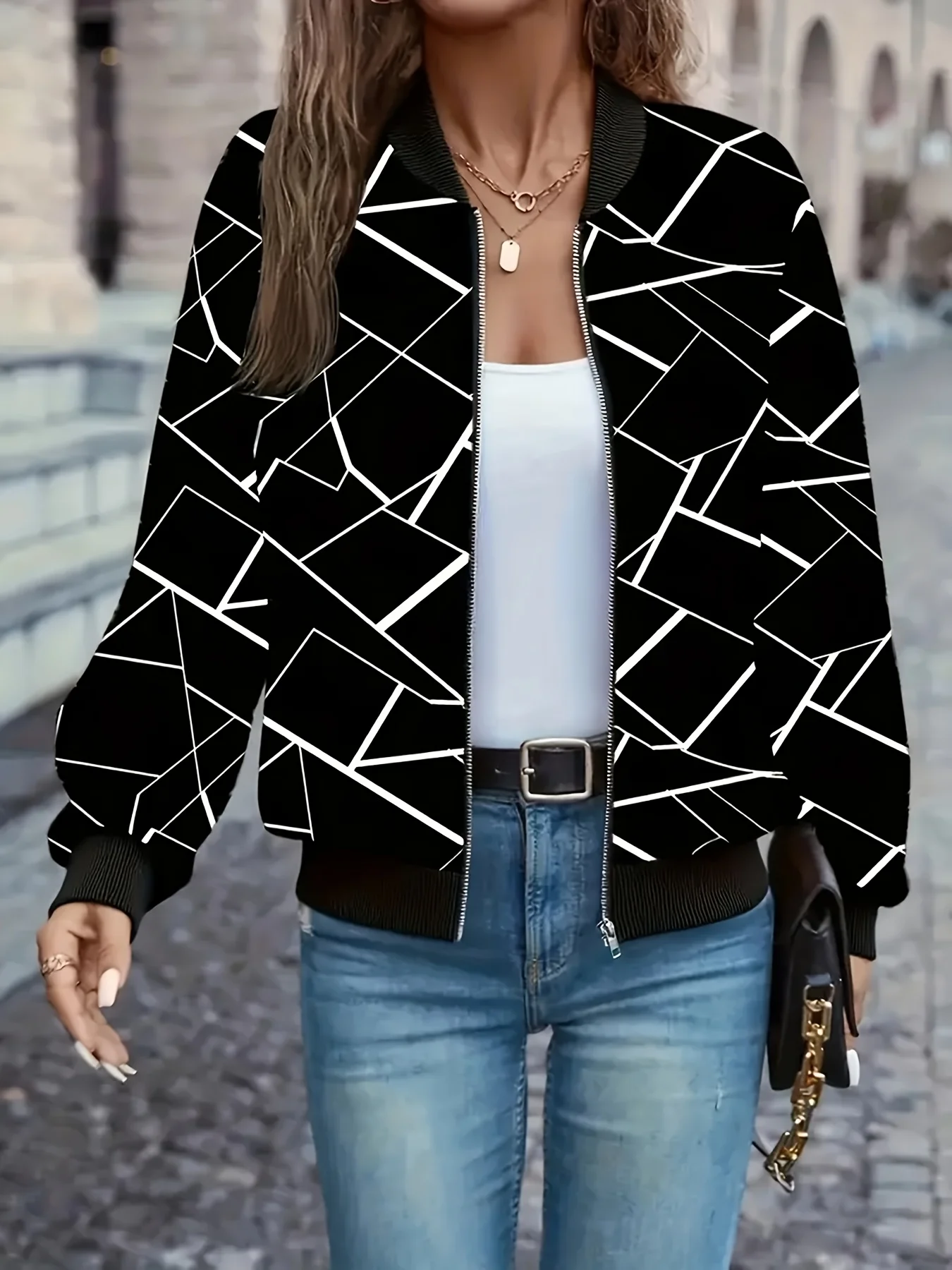 سترة بيسبول نسائية هندسية، تصميم طباعة كاجوال، ملابس ترفيهية للربيع والخريف، معاطف ملابس خارجية أنيقة للنساء #1