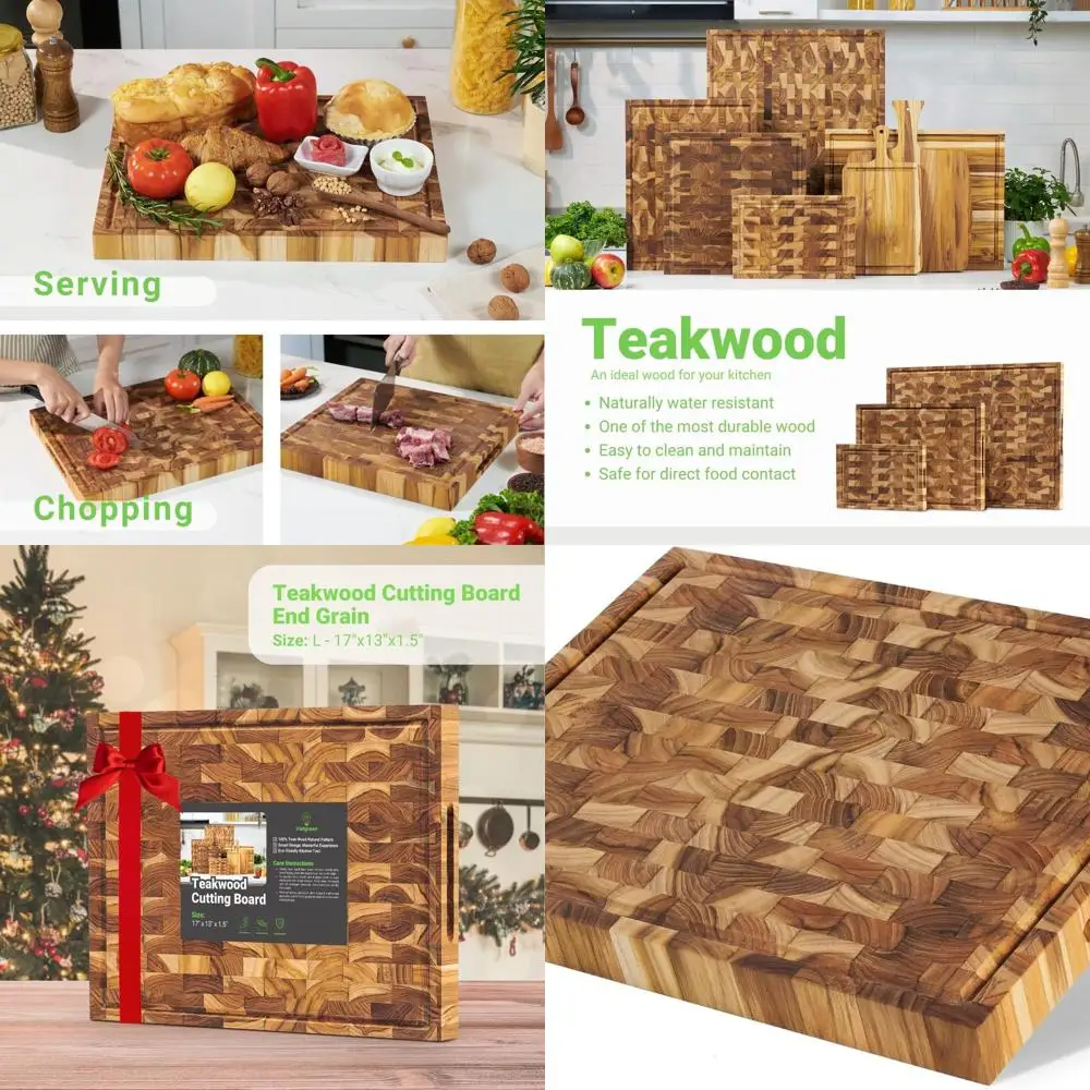 

Большой двусторонний мясной блок из тикового зерна, 17x13x1,5, с глубокой канавкой для сока и боковыми ручками — экологически чистый, приятный для ножей