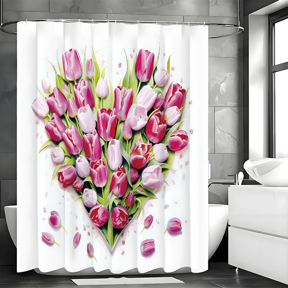 クリエイティブなハート型チューリップシャワーカーテン洗える汚れに強いシャワーヘッド防水ポリエステルバスカーテン家の装飾用