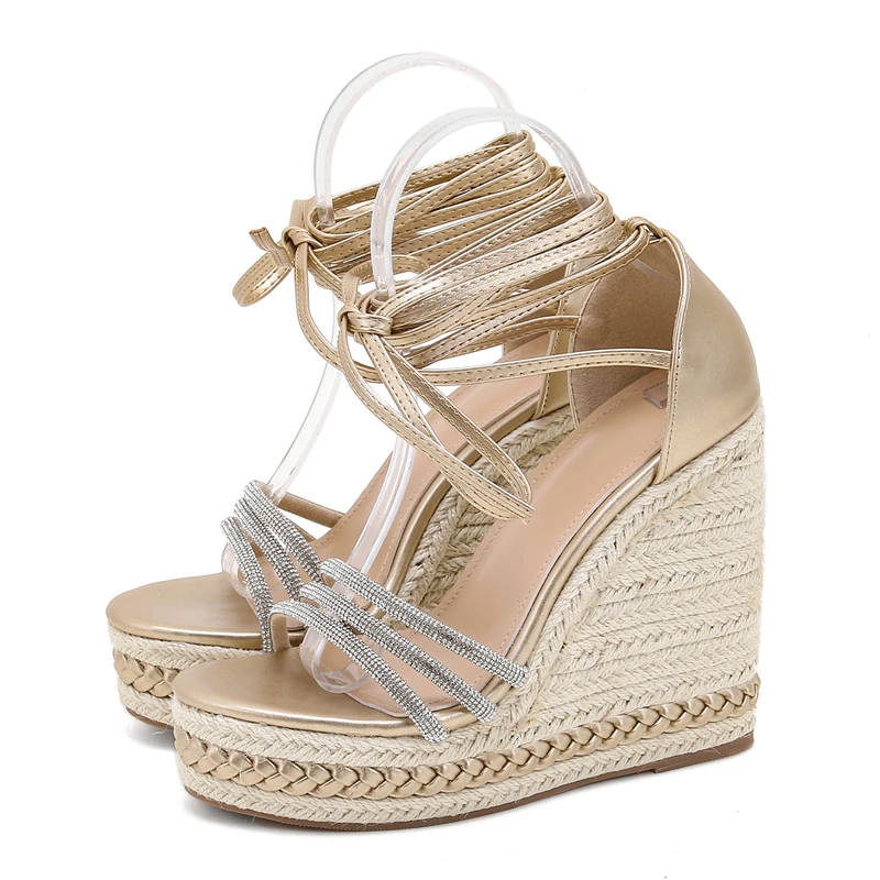 Eilyken Gold Silver Crystal Platform Wedges Sandals Female Summer Fashion Ankle Lace-up Ultra High Heels Gladiator Woman Shoes