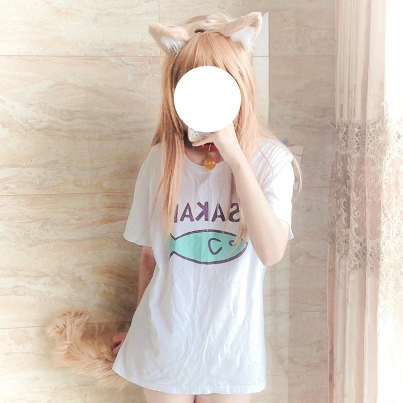 Anime Neko Osakana Cos Cat Ear girl Lovely Fish Print Soybean yellow Daily T-Shirt Costume