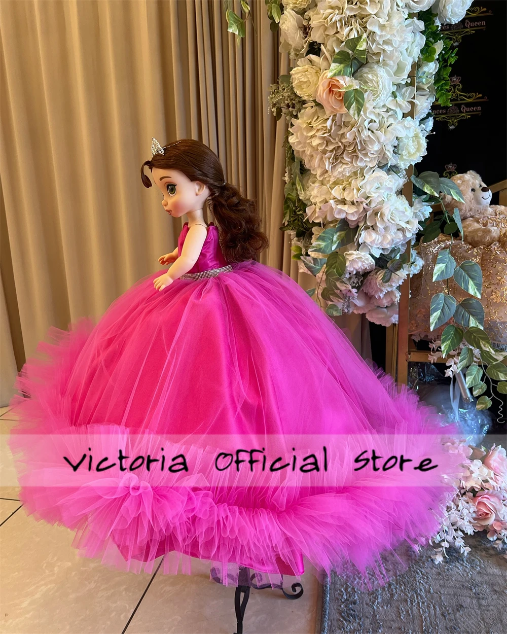 Hot Pink Ruched Spaghetti Personalized Quinceanera Doll Dresses Teddy Bear Dress Doll Dress Sweetheart Crystals Beads vestidos