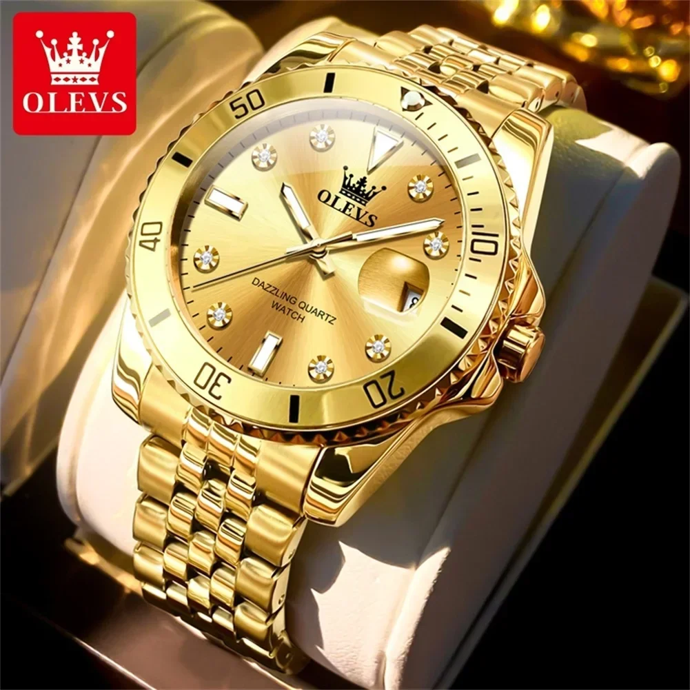 OLEVS New Original Luxury Men Watch  Green Waterproof Quartz Watch for Men Stainless Steel Strap Diamond Scale Relógio Masculino