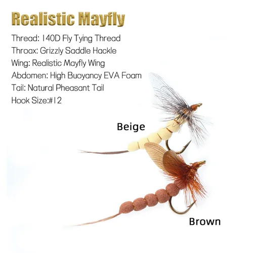 Imagen 2 del producto Vampfly Mayfly Grizzly sillín Hackle Mayfly ala cuerpo de espuma flotante mosca seca Rocky River trucha lubina pesca señuelo cebos tamaño 12 #
