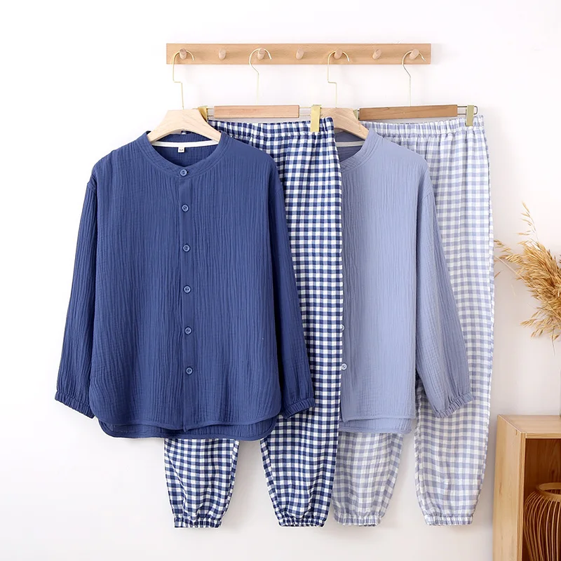 

Spring / Autumn Cotton Plaid Men's Pajamas Long Sleeve Simple Double Layer Gauze Sleepwear Thin Elastic Waist Trouser Suits