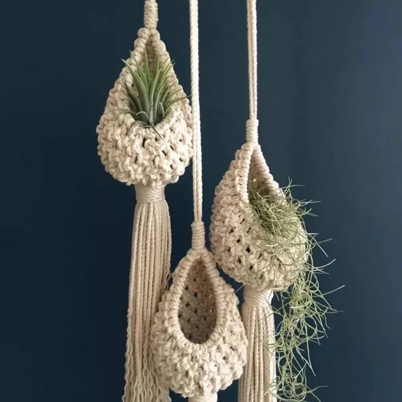 Cesta colgante tejida a mano con forma de piña, macetero de flores de macramé de algodón para paisajismo, decoraciones para sala de estar y balcón