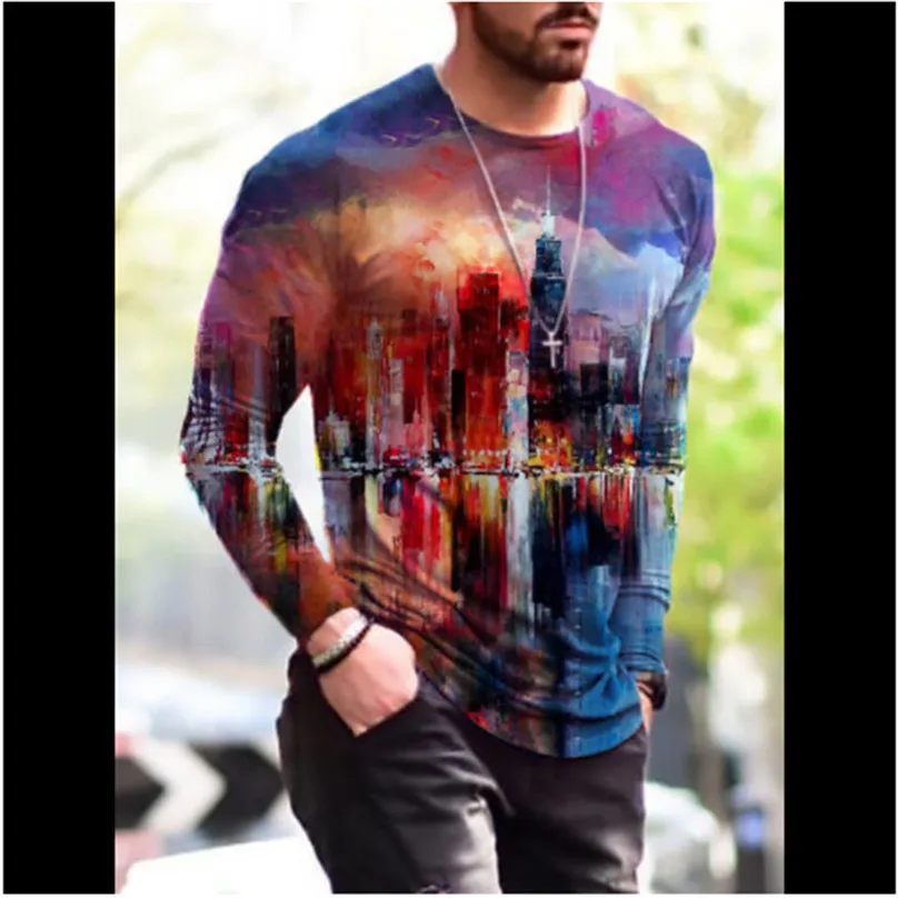 Spring Autumn Long Sleeve Men\'s 3D T-Shirts Tie-dye Street Patchwork Pattern Printing Male Tops 6XL Plus Size Loose Casual Tees