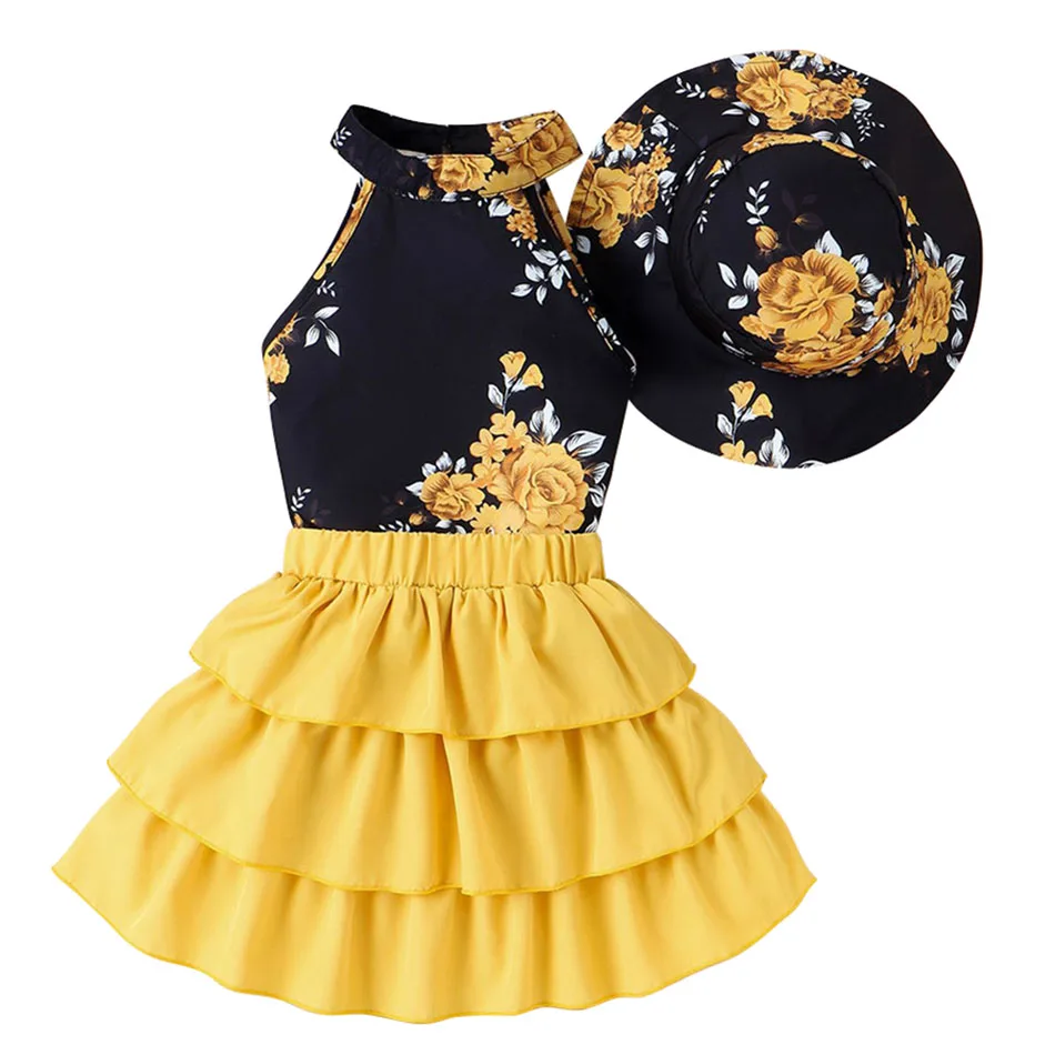 

Girls Summer Collection 3-Piece Set Fashionable and Versatile Sleeveless Print Halter Top Cake Skirt and Hat Children Sets