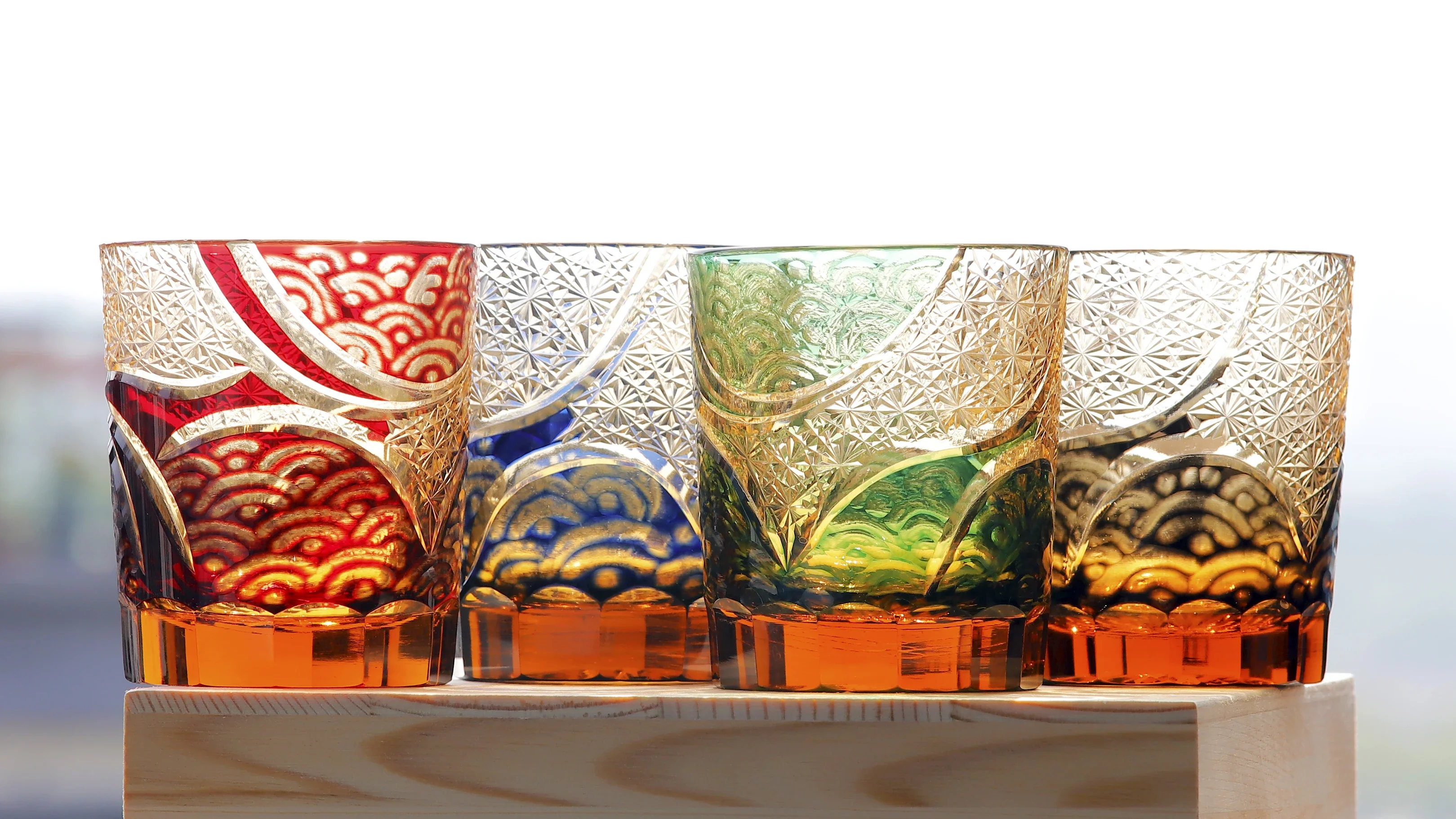 Edo Kiriko Hand Engraved Crystal Whiskey Tumbler Japanese Seigaiha Wave Pattern Gold Decor Heavy Thick Base Vintage Rocks Glass