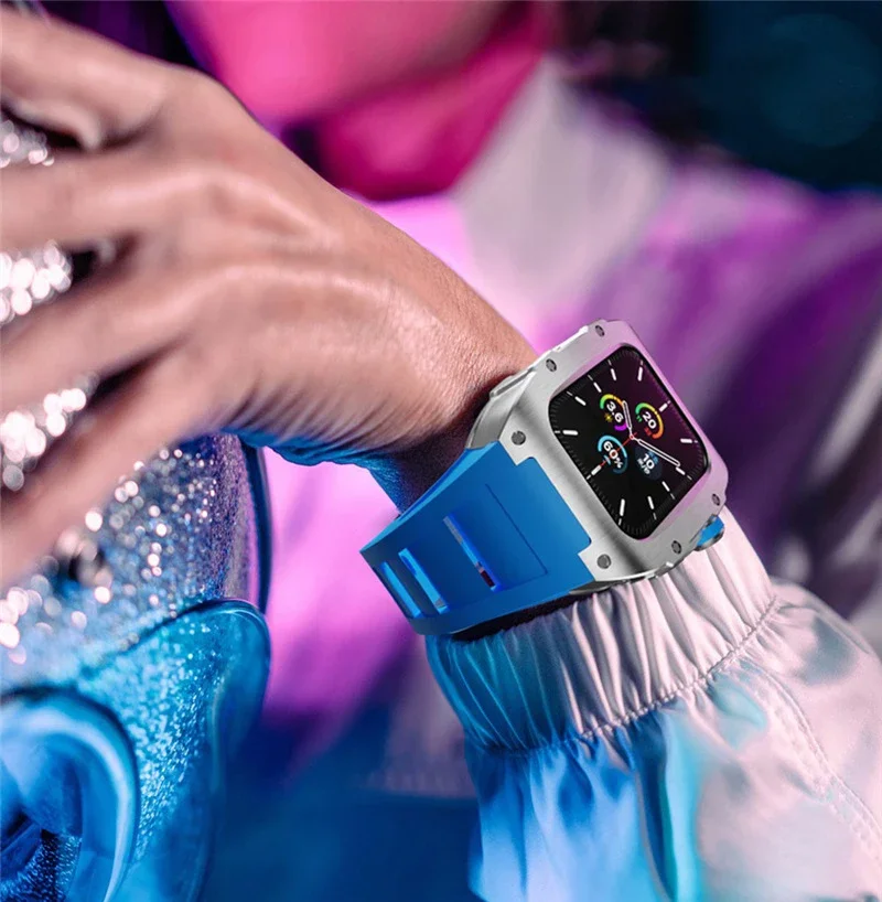 Luxury Titanium Stainless Steel Metal Case Modification Kit For Apple Watch 45MM 44MM Case Strap For iWatch 9 8 7 6 5 4 SE band