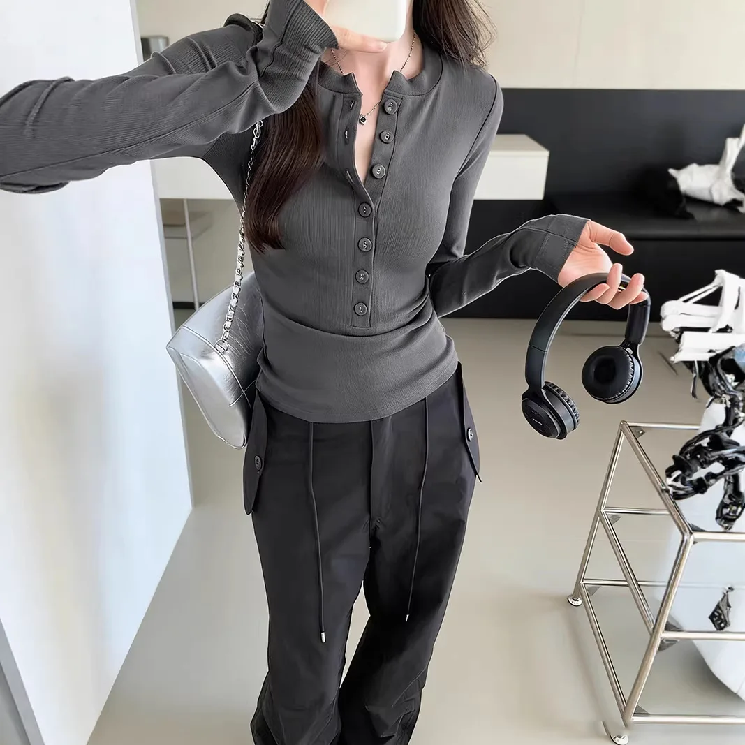 Single-Breasted Long Sleeve Korean Fashion T-shirts Slim Y2K Kpop Tops Sexy Vintage Tees Buttons Cheap Clothes Woman T shirts