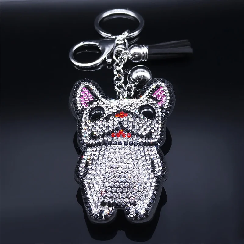 Cute French Bulldog Crystal Tassel Keychain Bag Accessories Lovely Animal Dog Keyring Holder Pet Lover Gift Jewelry porte clé