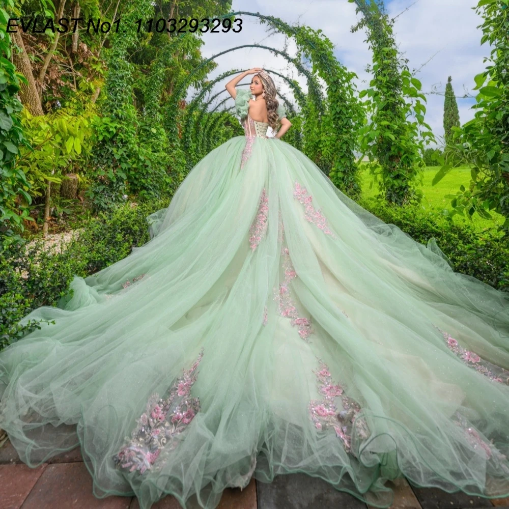 

EVLAST индивидуальное мексиканское мятное бальное платье Quinceanera, розовое платье с цветочной аппликацией и бисером, Sweet 16, Vestidos De 15 Anos E1QN203