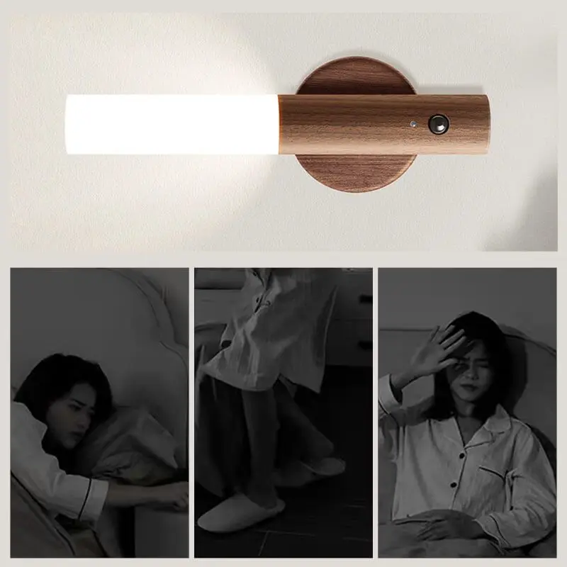 LED Wood USB Night Light lampada da parete magnetica armadio da cucina armadio luce scala domestica camera da letto tavolo Move lampada illuminazione da comodino