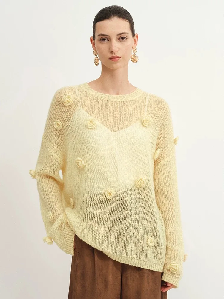

Loose Fit 3D Floral Knitted Hollow Out Sweater Women's Autumn Fashion Top Comfortable Feel Long Sleeve Round Neck Pullovers N958