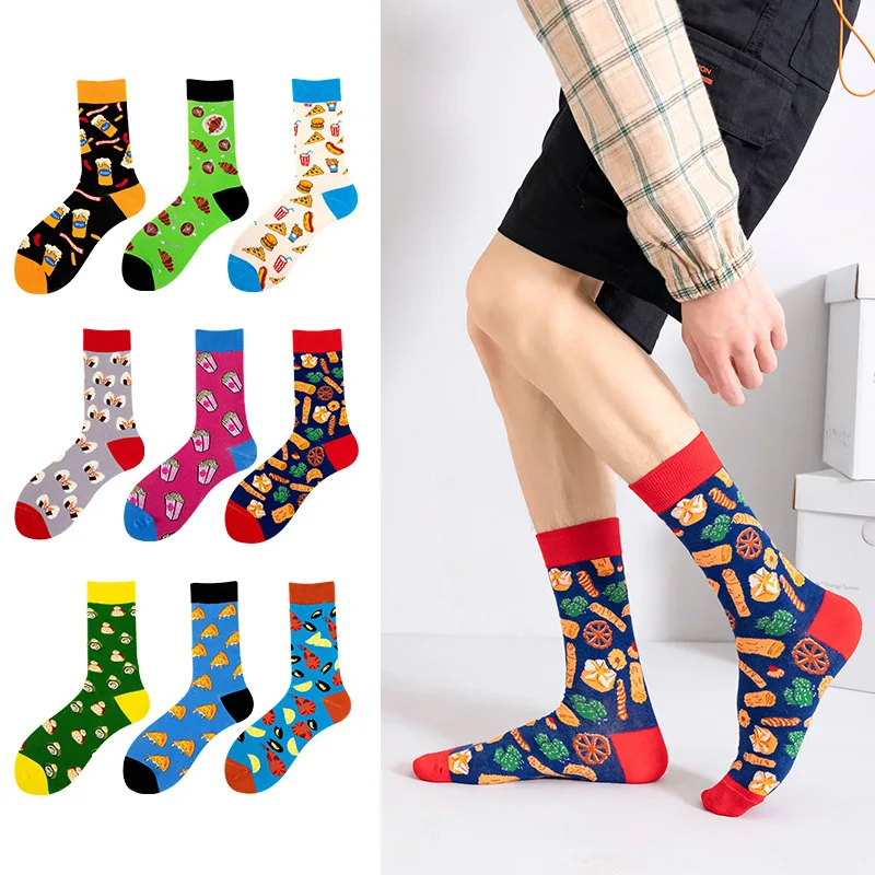 Funny Happy Socks Men Cotton Colorful Cartoon Food Pizza Sushi Novelty Casual Crew Socks