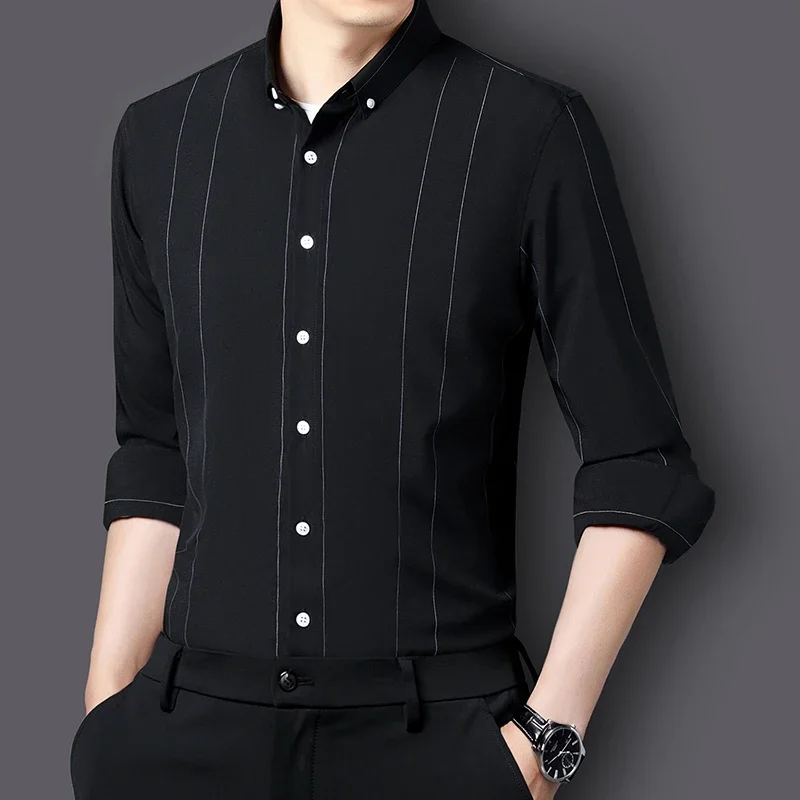 Men's Korean Fashion New Dress Shirts Male Slim Social Business Anti-Wrinkle Casual Shirt Stretch Stripe Shirts Long Sleeve