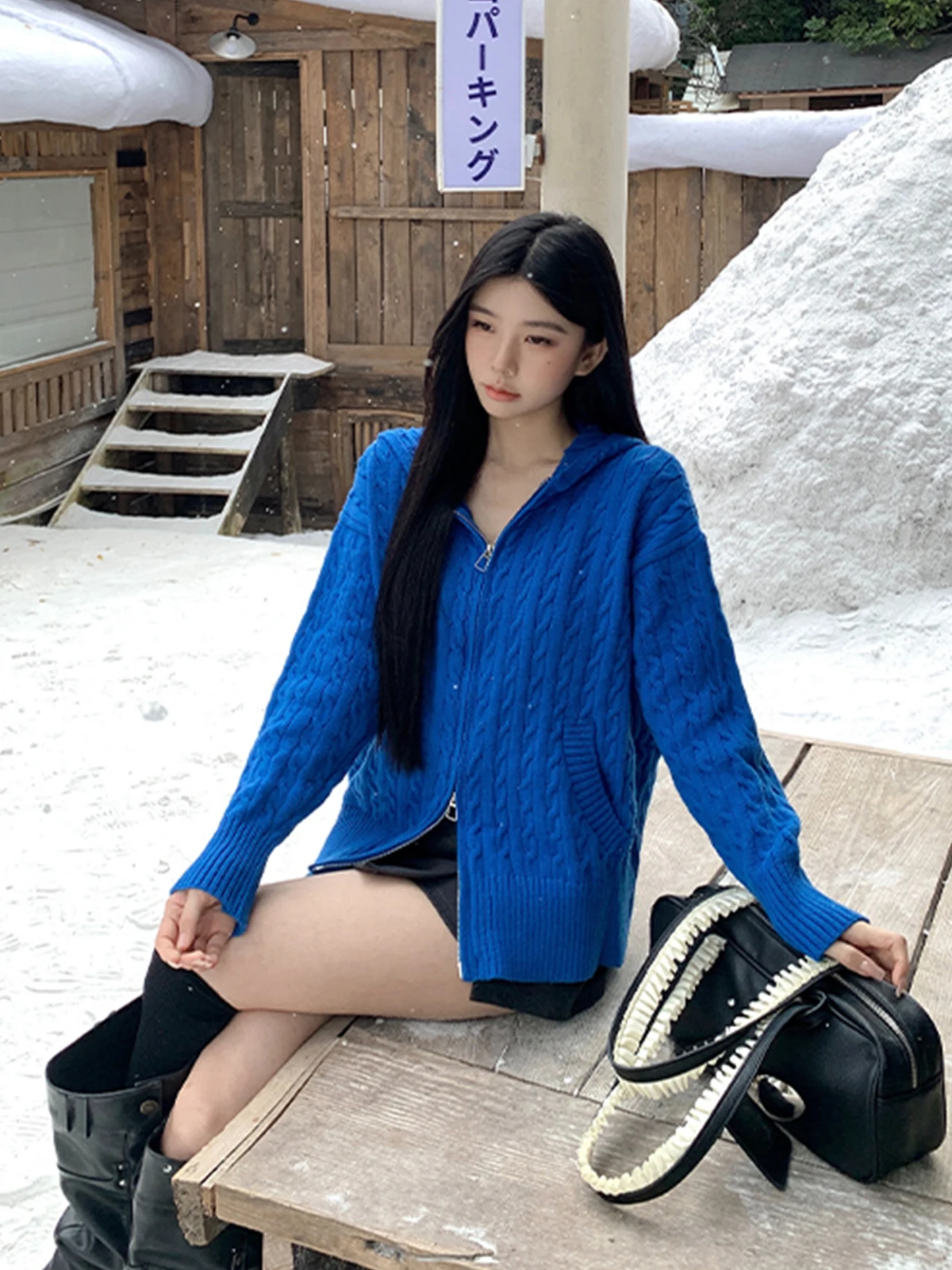 

Синий вязаный свитер-шапка женский свободного кроя, осенне-зимний, новый, с двойной молнией, повседневный, удобный, мягкий, средней толщины