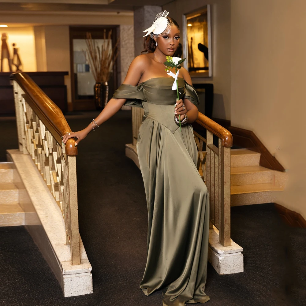 

Aso Ebi Mermaid Bridesmaid Dresses Off Shoulder Strapless Pleat Wedding Guest Gowns Satin Vestido Madrinha Casamento Customized