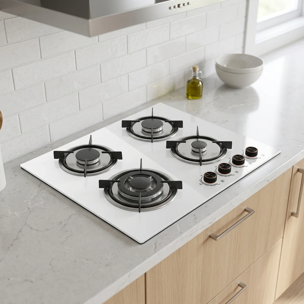 High Quality Built-In Four-Burner Gas Cooktop White Glass Surface for Home Hotel Outdoor RV Use Gas/LPG Compatible Class Energy