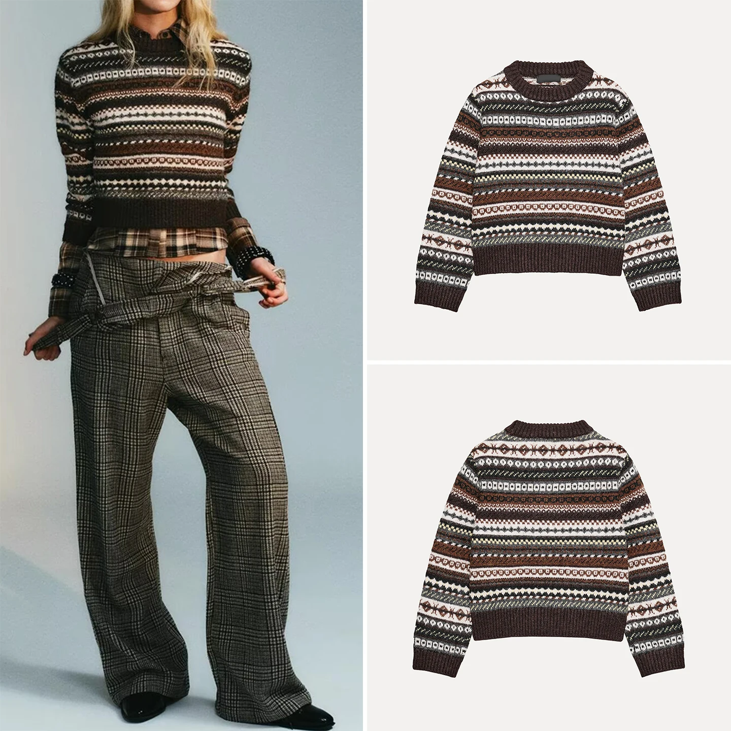 

Z Women's Casual Knitted Sweater Embroidered 2025 New Faion Autumn Season round Ne ort Length Striped Pattern