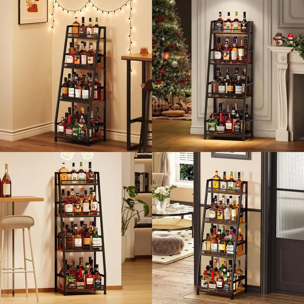 

Multi-Level Home Bar Wine Rack - Freestanding Trapezoid Stand for Whiskey, Wine, and Liquor with Corner Bottle Display in Vintag