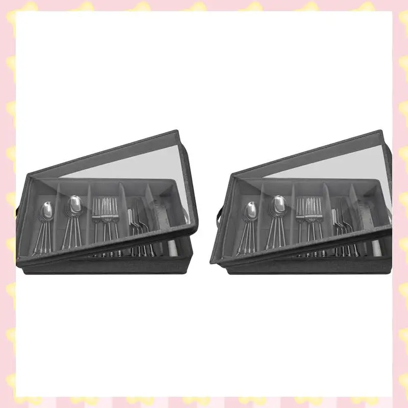 

AB51 2X Flatware & Utensil Storage - Durable Silverware Storage Box With Adjustable Divider, 5 Compartment Flatware Case
