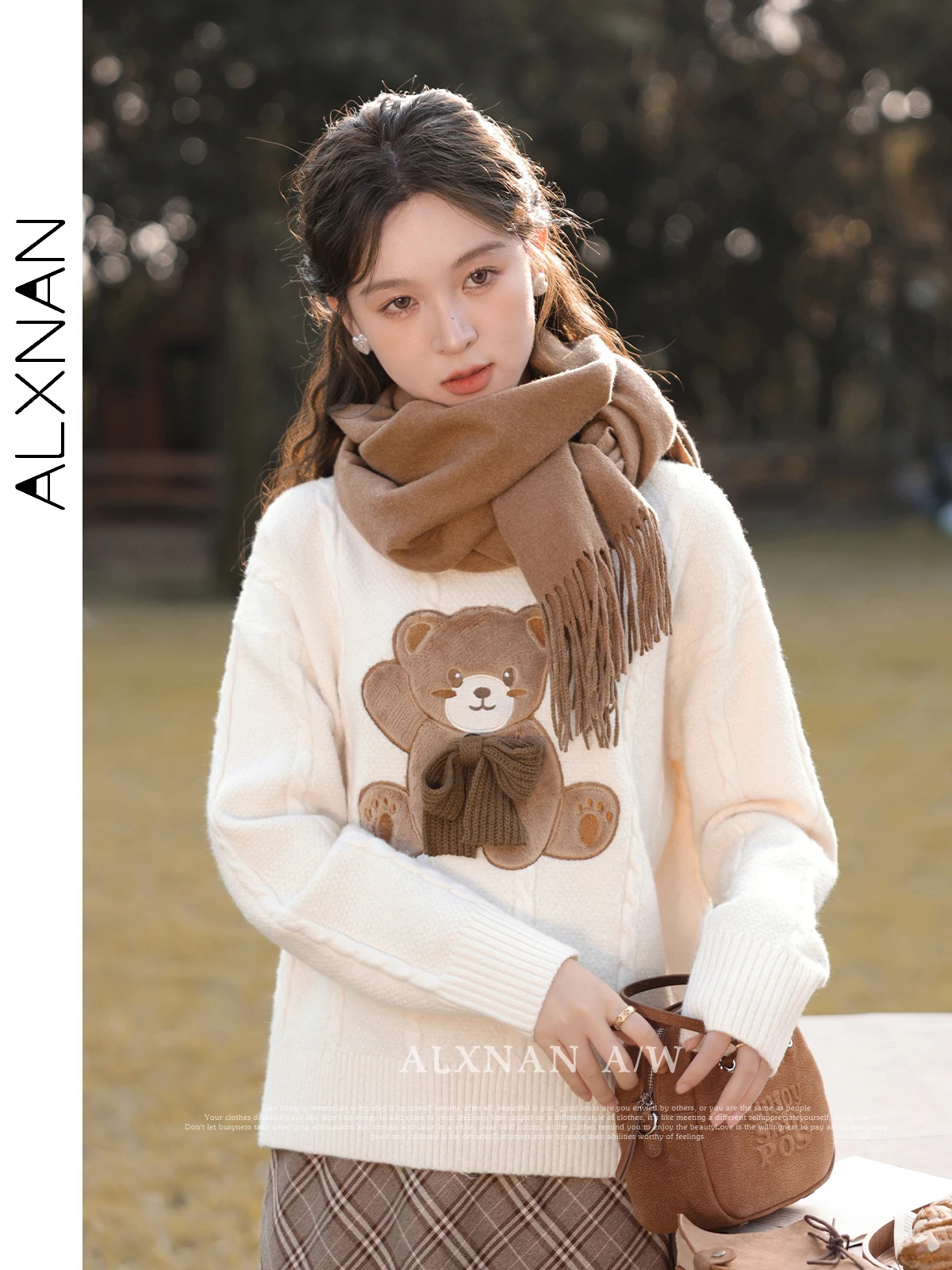 

ALXNAN Round Neck Knitted Sweater Jumpers Women 2024 Autumn Winter Apricot Sweet Simple Knit Pullovers Long Sleeve Tops L330215