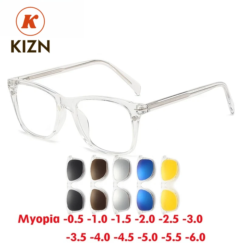 

KIZN 6 In 1 Transparent Frame Myopia Sunglasses Magnetic Clips Eyewear Men Women Polarized Custom Optics Glasses -0.5 TO -10