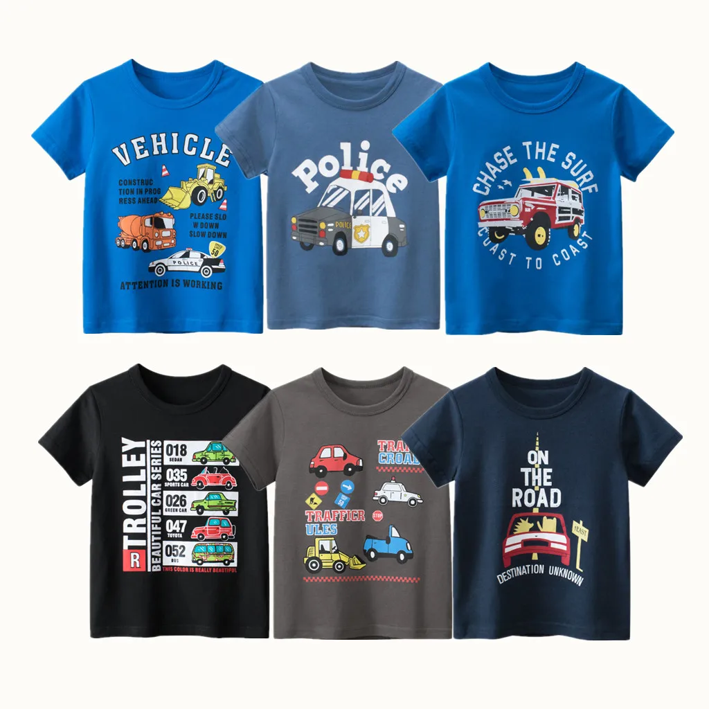 2023 Boys 100% Pure Cotton Cartoon Car Bus Truck T-Shirts Short Sleeve Lovely Kids Casual Sport Top Tees Comfortable Clothings