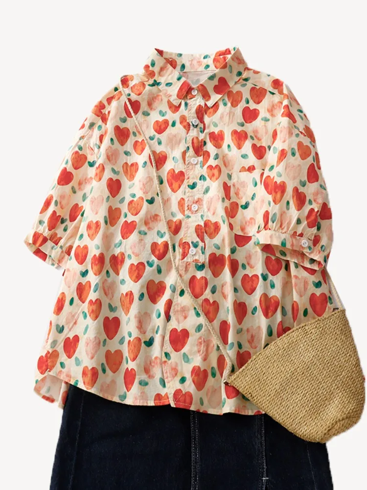 Sweet Sle コットン irt レディース 夏 ルーズ カジュアル ラブ ハート プリント スリミング トップ 女性用 ファッション お腹カバー スイート トップ