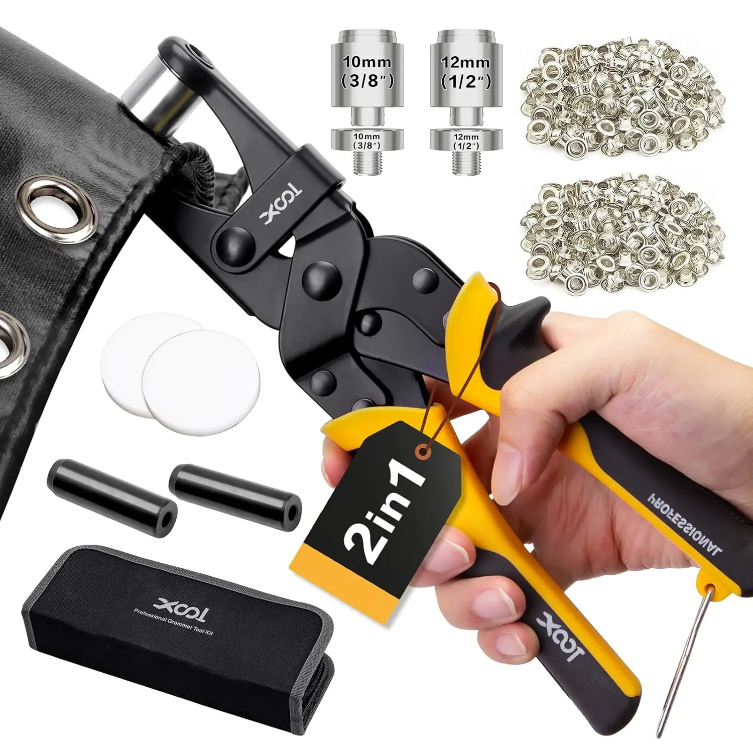 

2-in-1 Grommet Tool Kit with Magnetic System, 12mm & 10mm Heads, Includes 400PCS Grommets & Washers for Leather and Canvas DIY