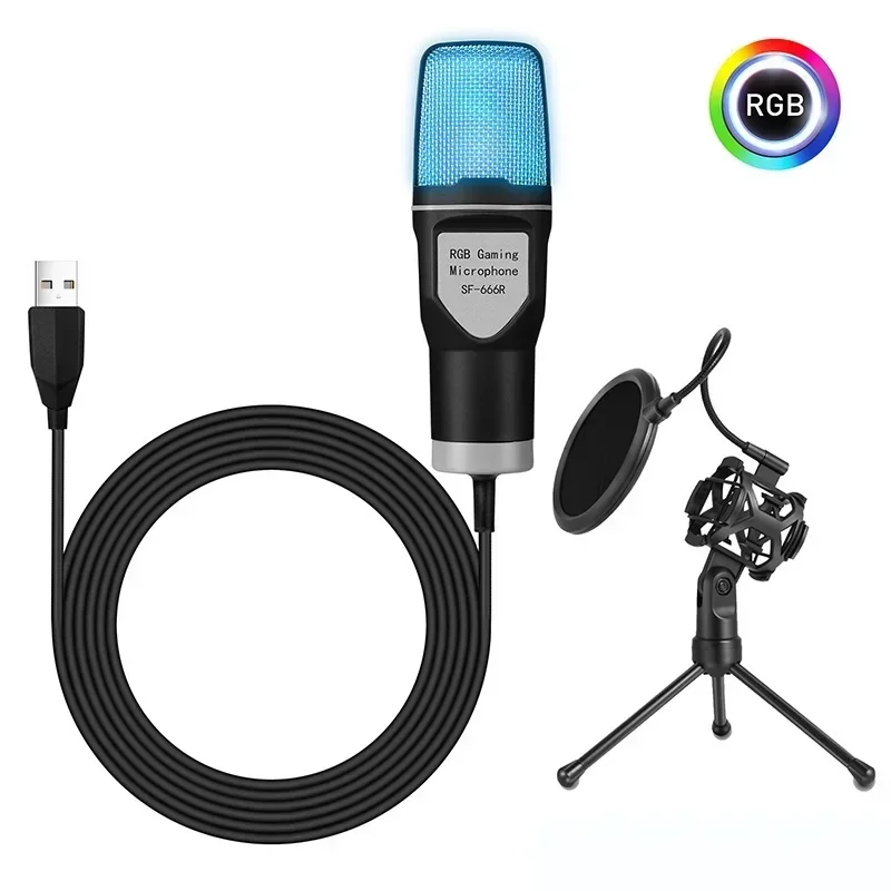 

Профессиональный USB-микрофон для ПК для потоковой передачи подкастов RGB, светящаяся подставка для микрофона, комплект микрофонов для компьютерных видеоигр